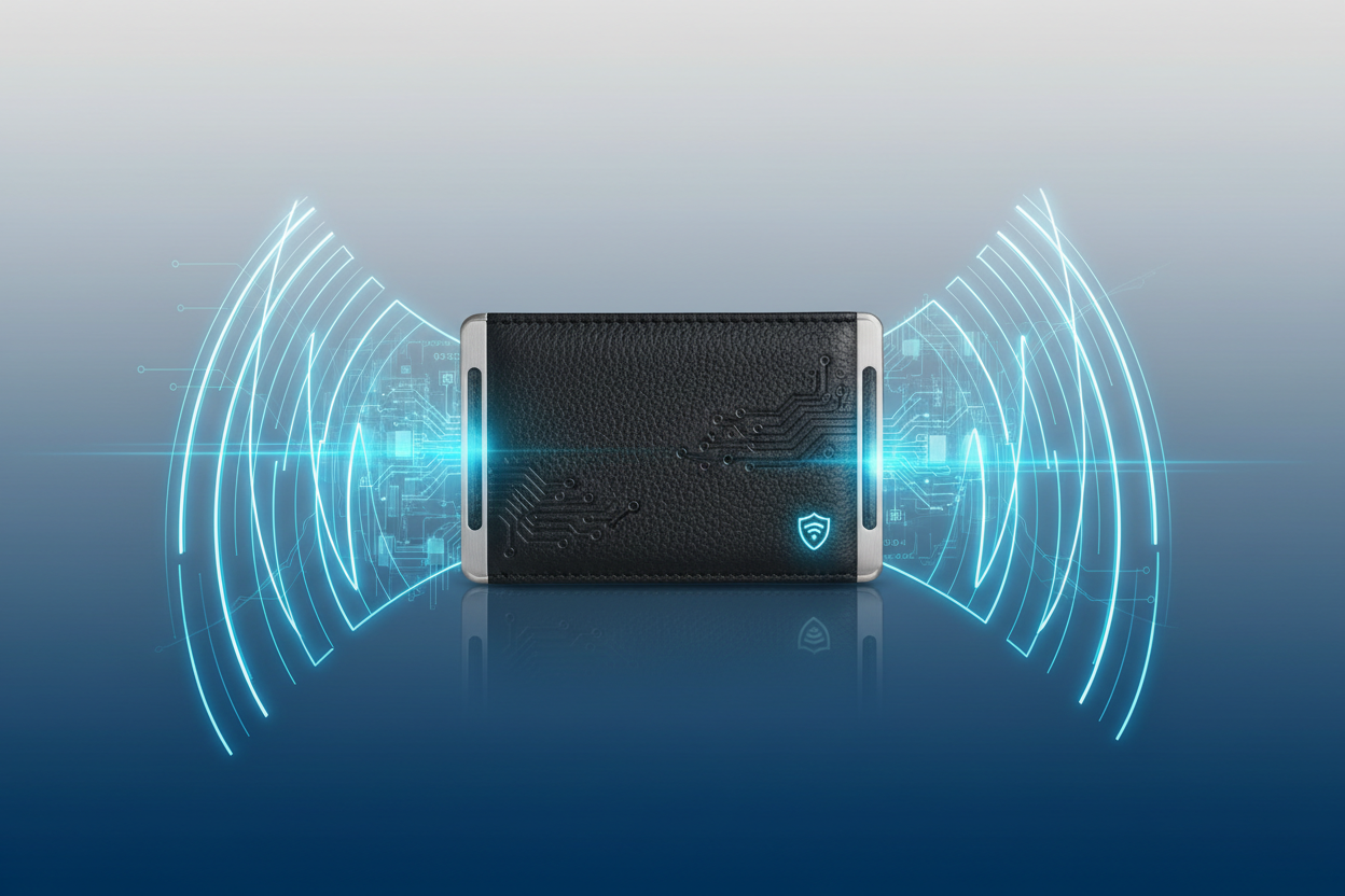 RFID and NFC smart wallet showing security and digital sharing features
