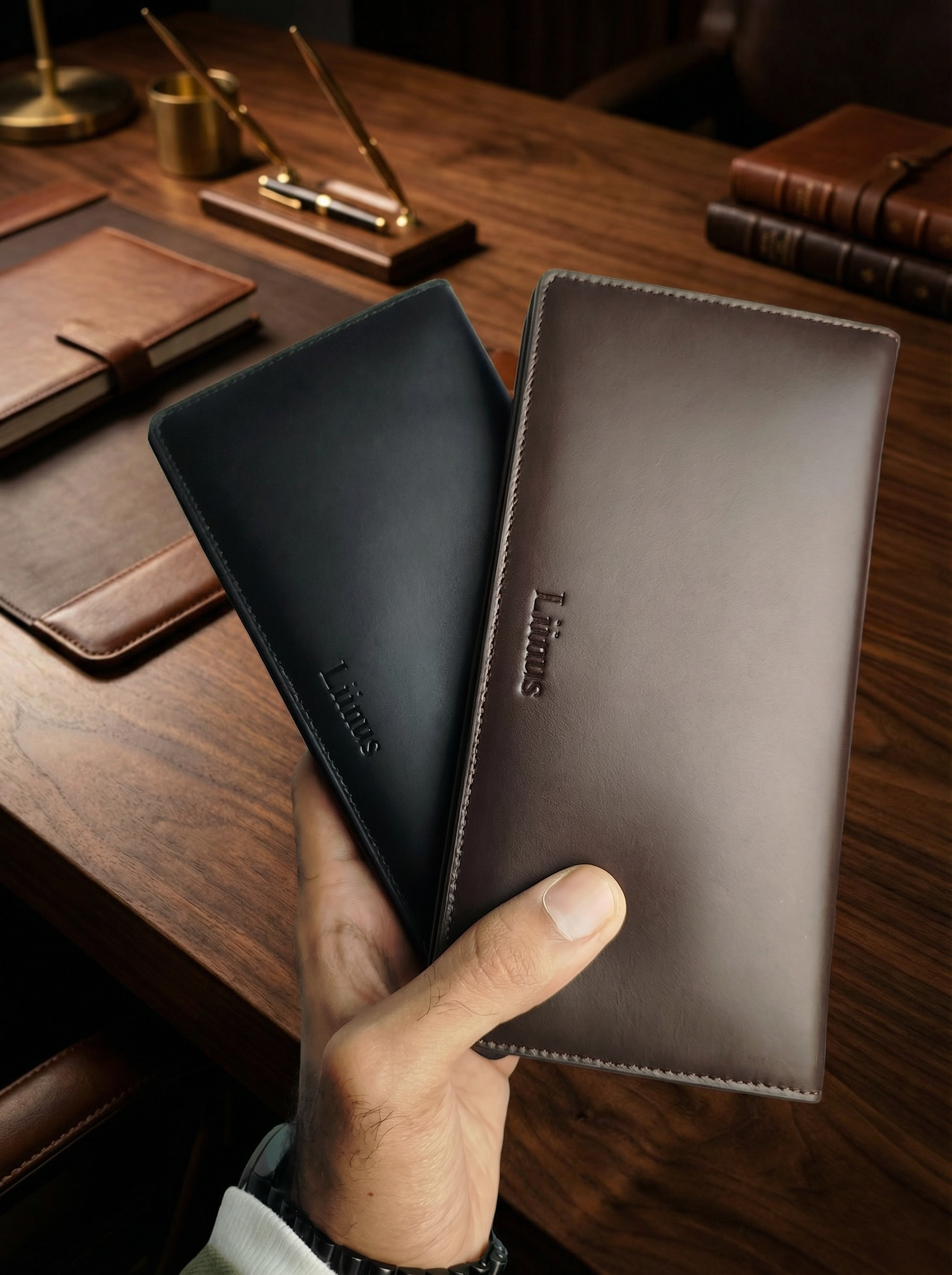 Men’s long leather wallet collection in black and brown with RFID and NFC support, stylish secure wallets for everyday use.