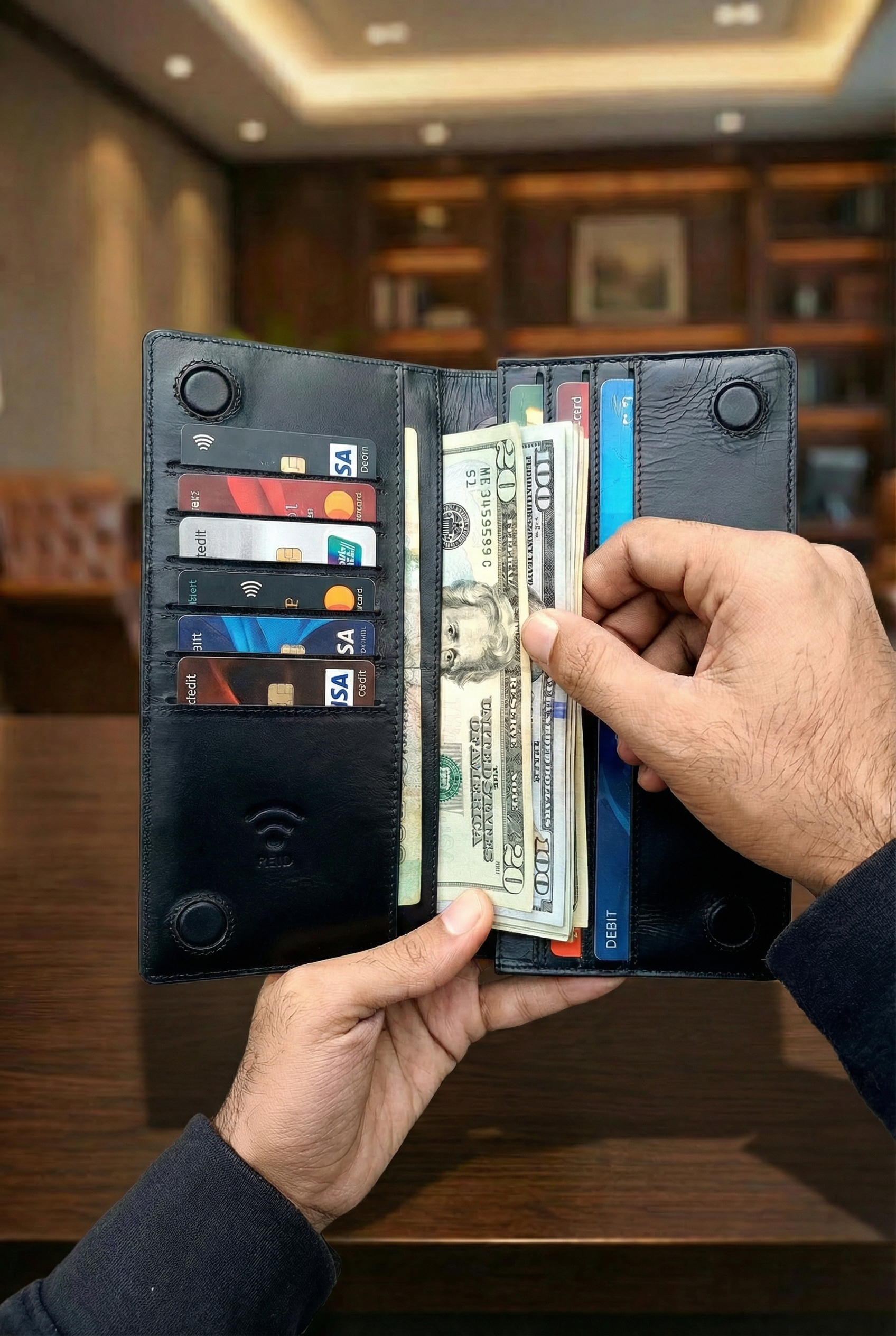 Men’s long leather wallet in black holding cash and cards