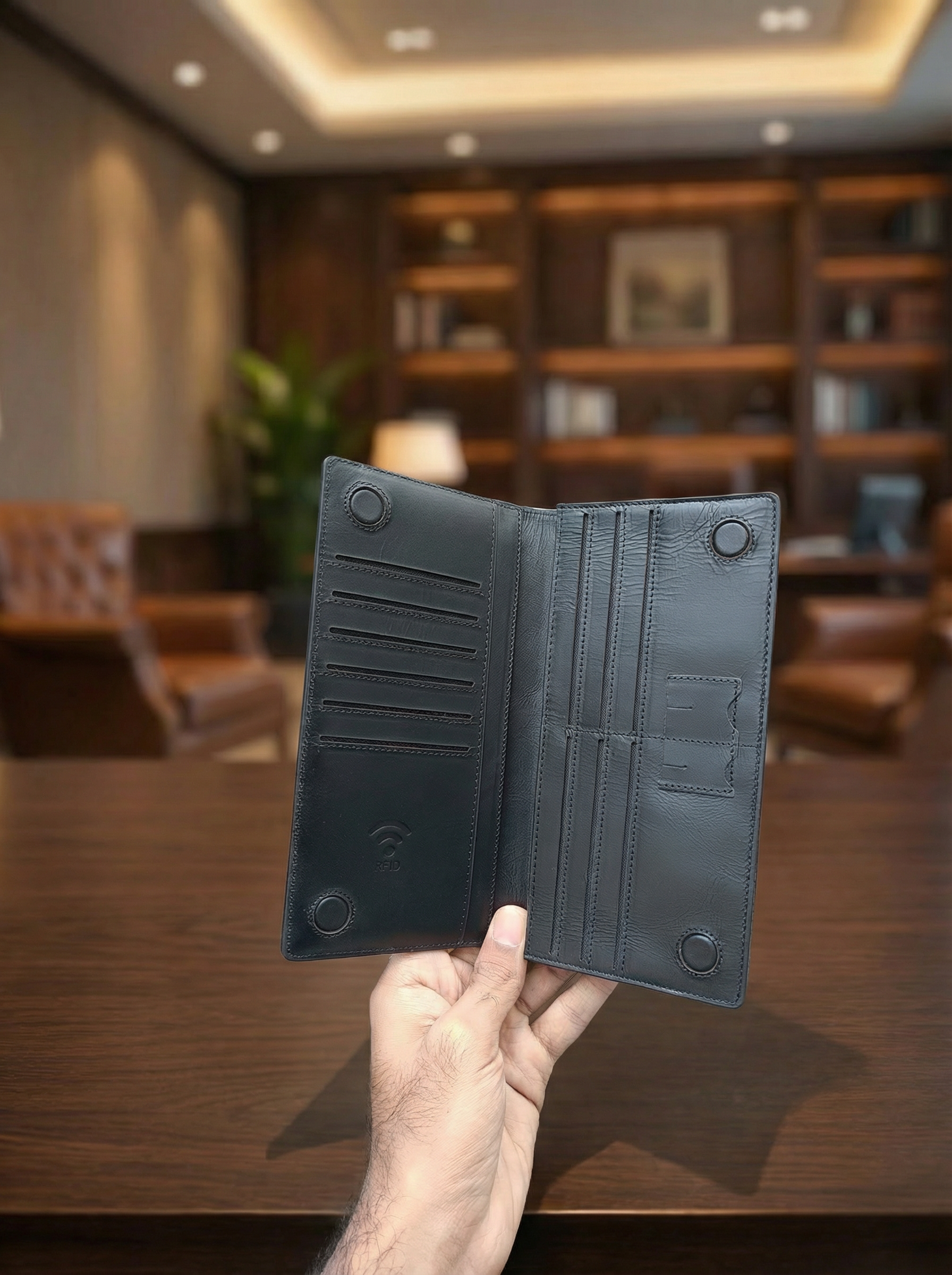 Expanded view of men’s long leather RFID & NFC wallet in black