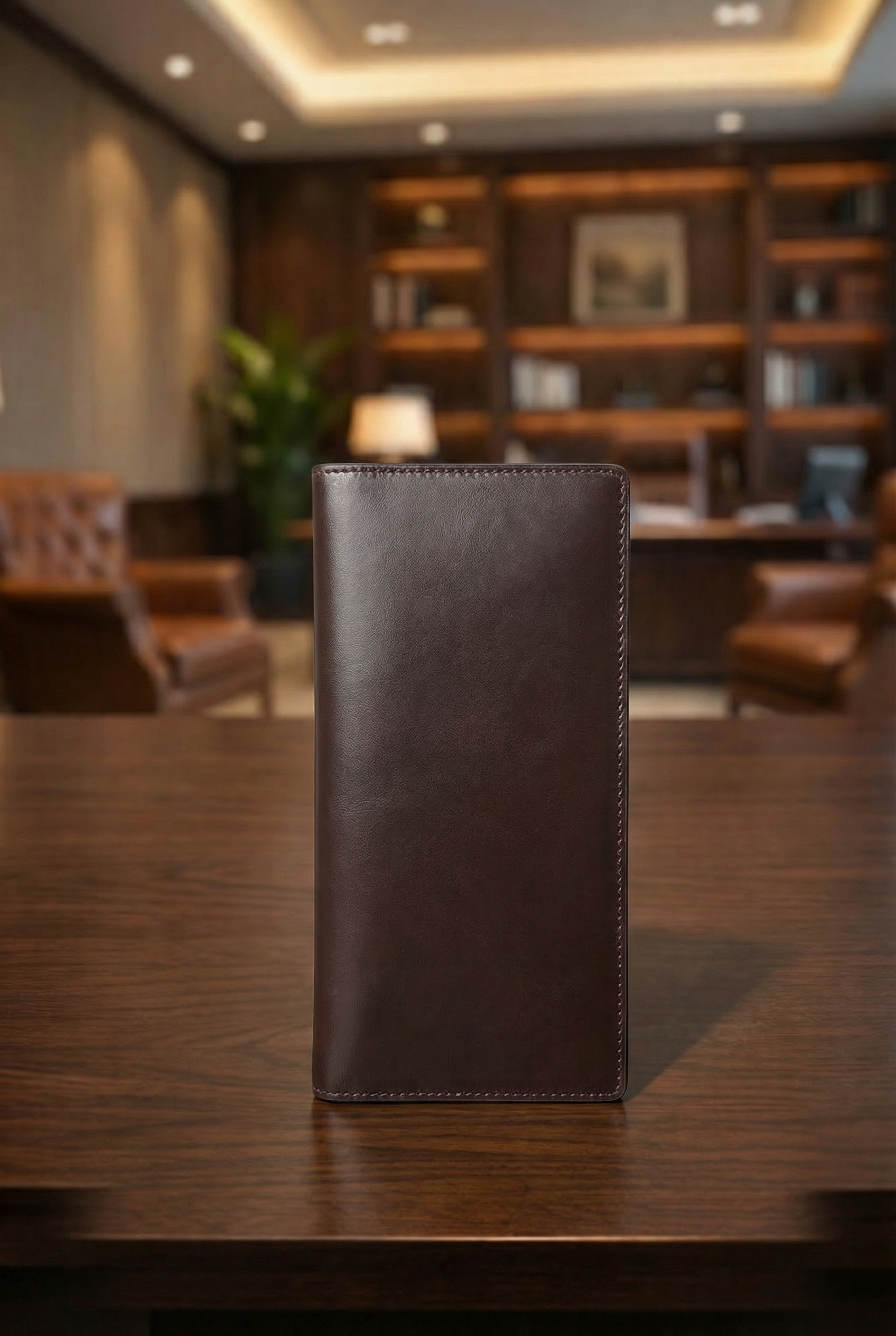 Back side of men’s brown long leather wallet with RFID and NFC