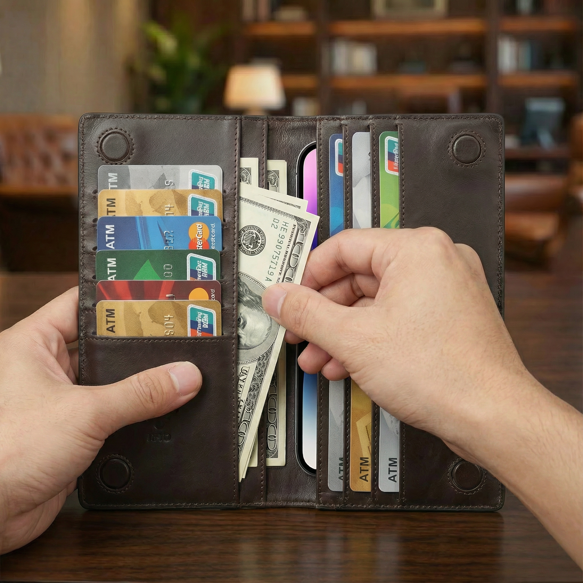 Men’s brown long leather wallet holding cash and cards