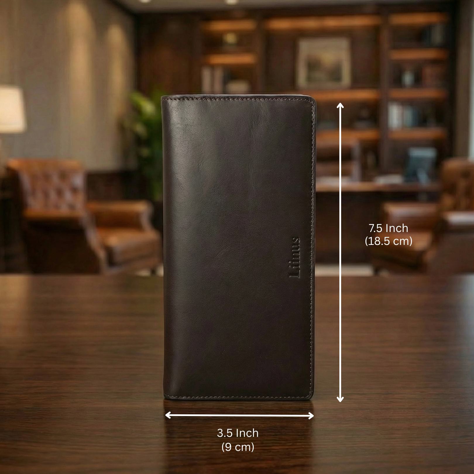 Size and dimensions of men’s brown long leather wallet