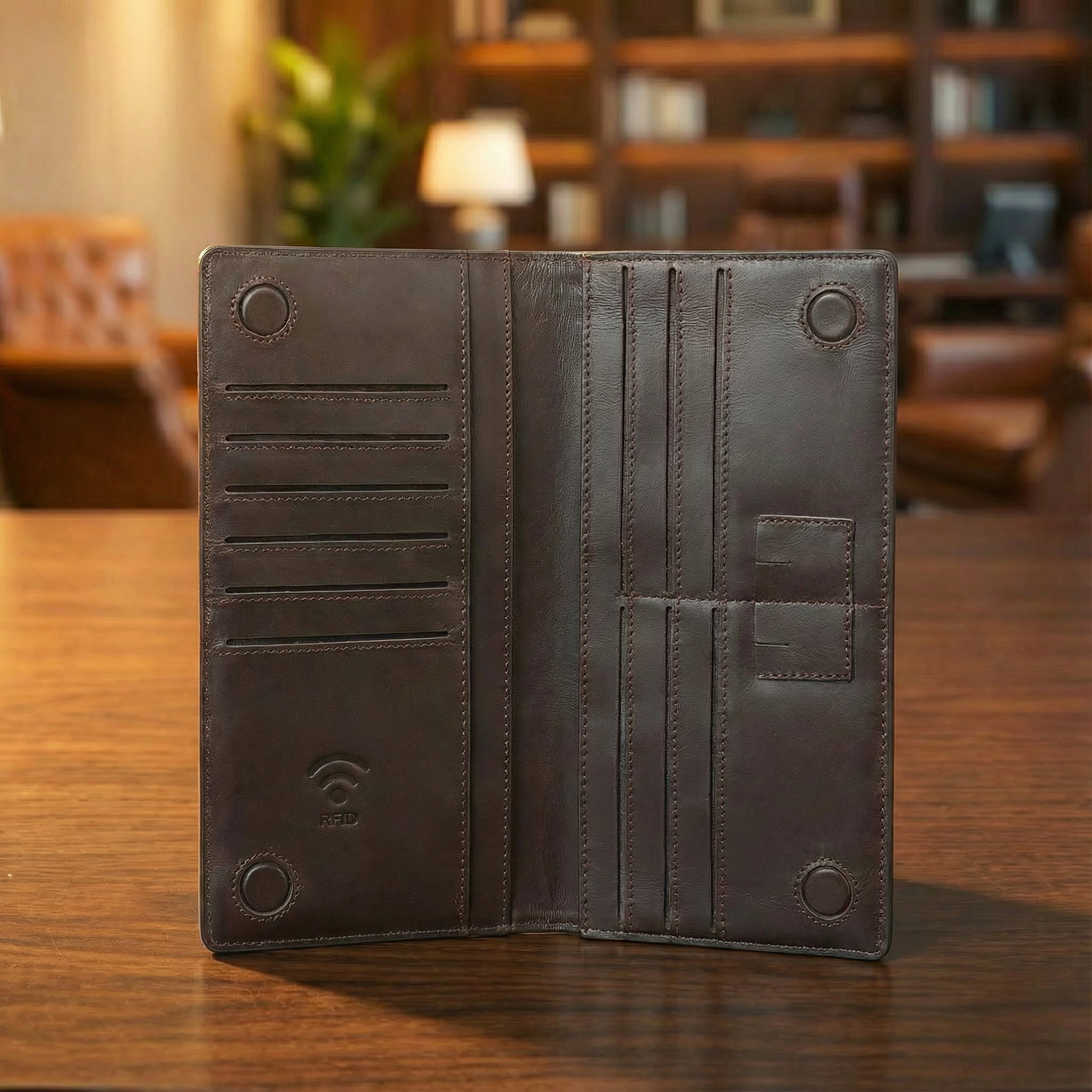 Expanded open view of men’s brown long leather RFID wallet