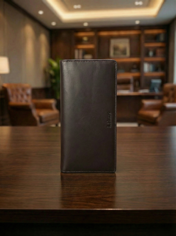 Front view of men’s long leather RFID & NFC wallet in brown