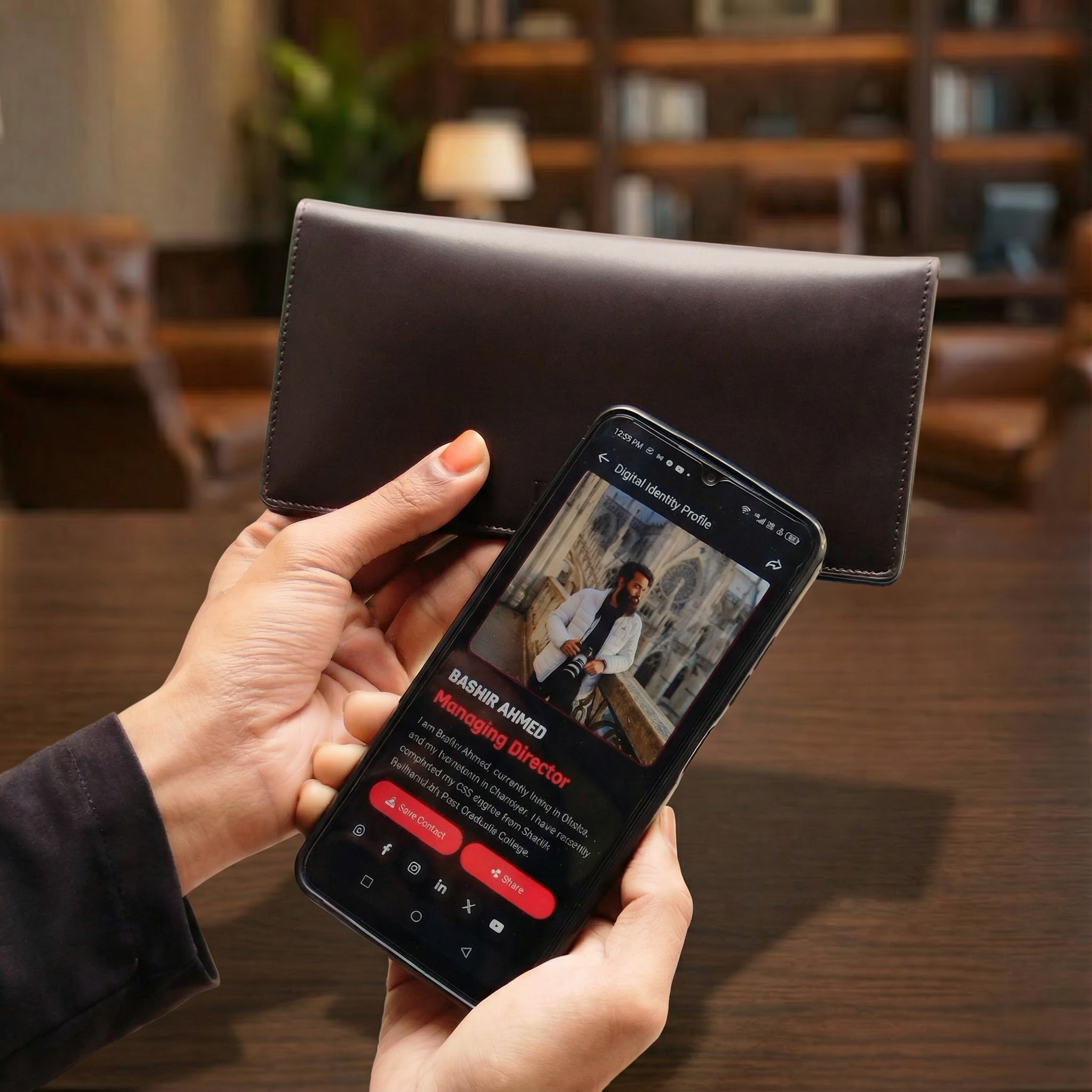 NFC smart feature demonstration on men’s brown long leather wallet