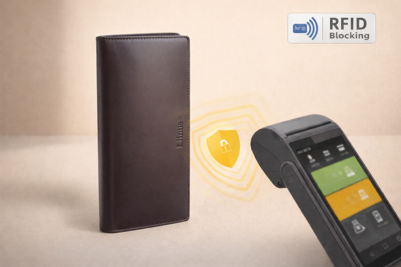 RFID protection feature shown on men’s brown long leather wallet