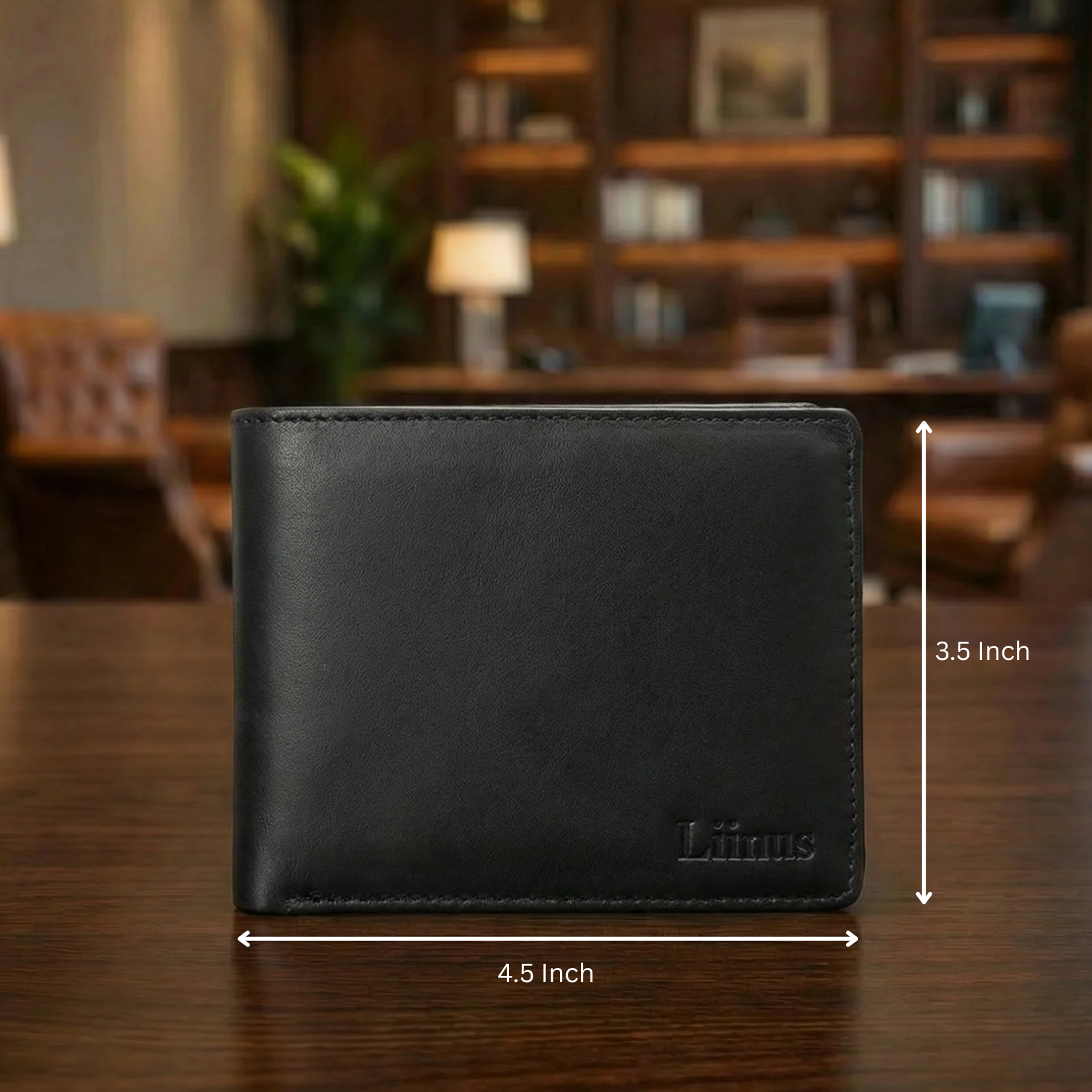 Men’s Mini Leather Wallet in black showing length and width dimensions