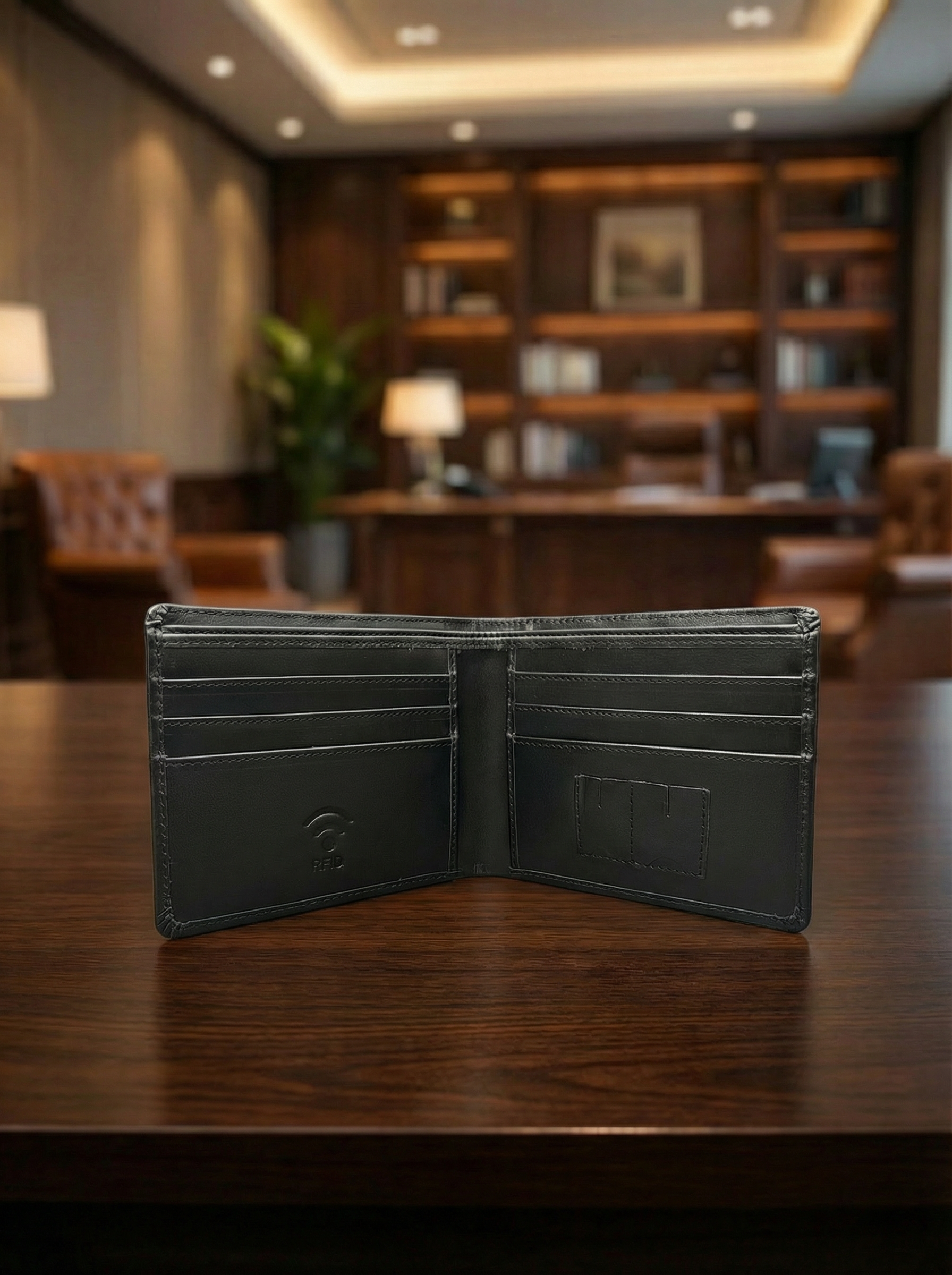 Expanded view of Men’s Mini Leather Wallet in black showing storage capacity