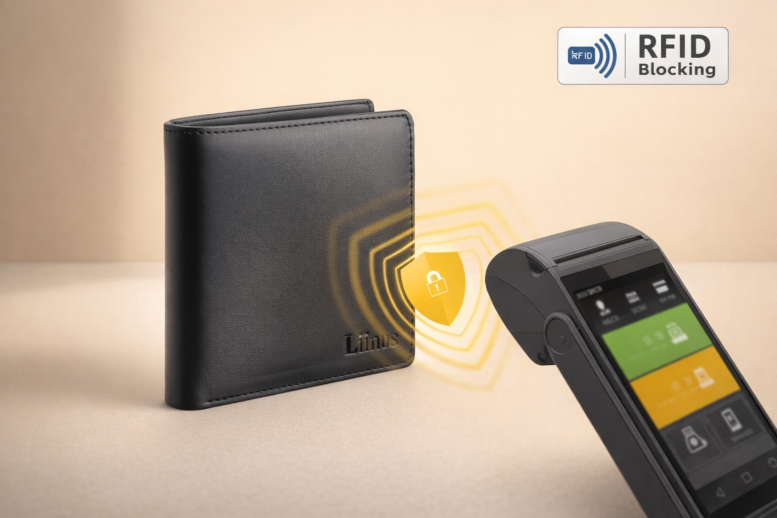 Men’s Mini Leather Wallet in black showing RFID protection against card scanning