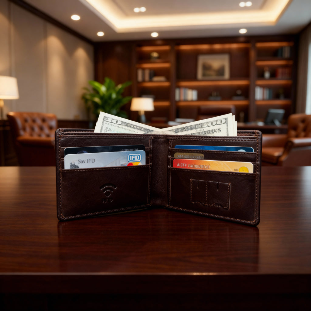 Men’s Mini Leather Wallet in brown holding cash and cards for everyday use