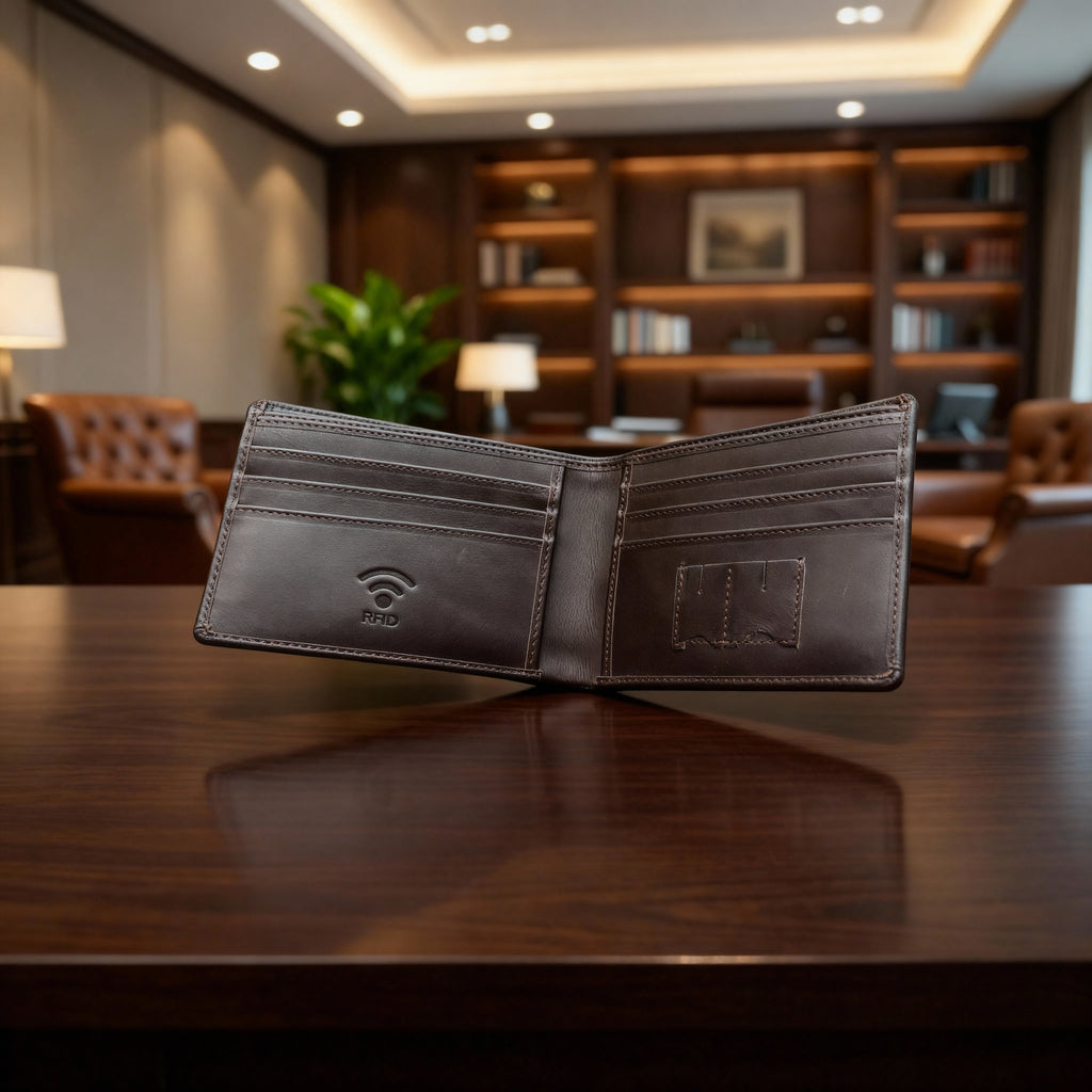 Expanded view of Men’s Mini Leather Wallet in brown showing storage capacity