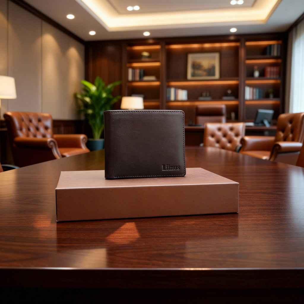 Front view of Men’s Mini Leather Wallet with RFID and NFC in brown leather