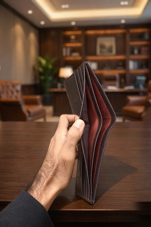 Interior view of Men’s Mini Leather Wallet with RFID and NFC in brown leather