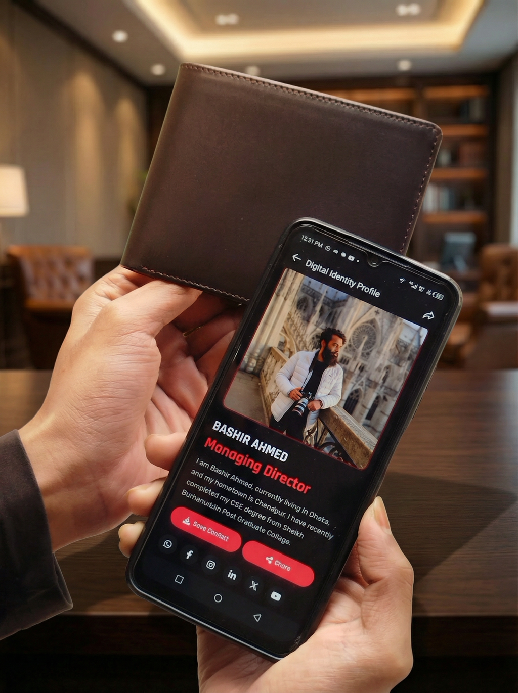 Men’s Mini Leather Wallet with NFC feature opening Liinus Identity on smartphone