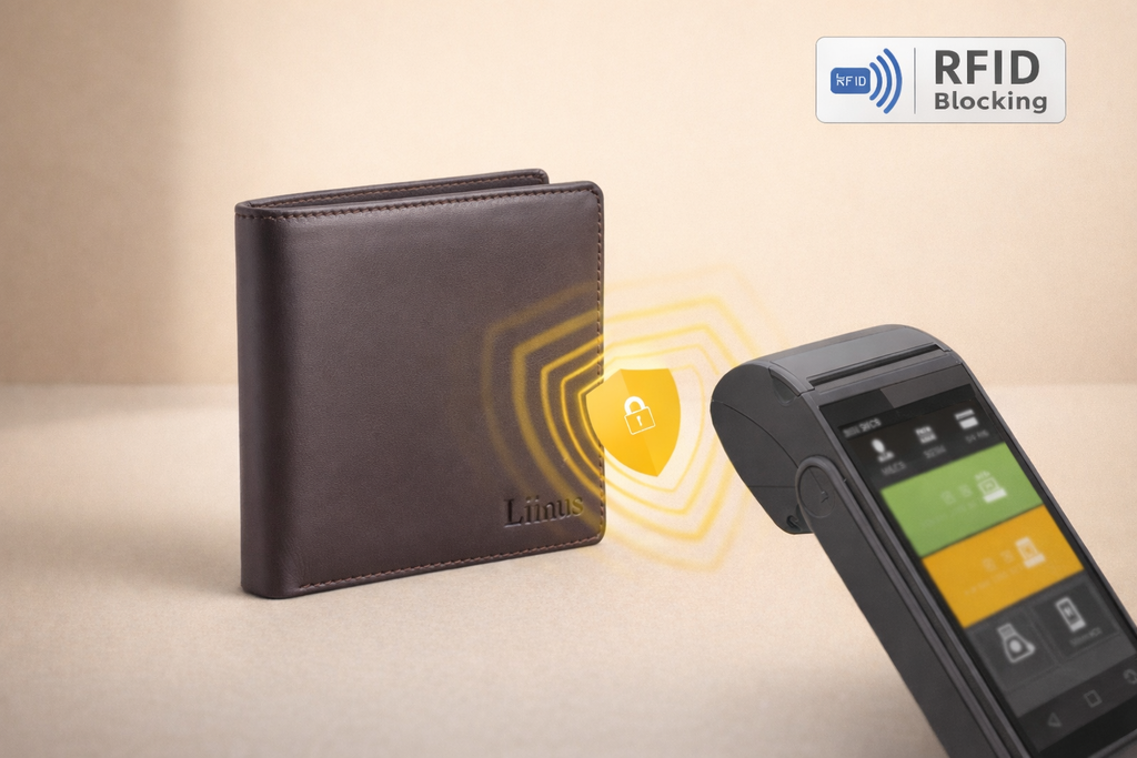 Men’s Mini Leather Wallet in brown showing RFID protection against card scanning